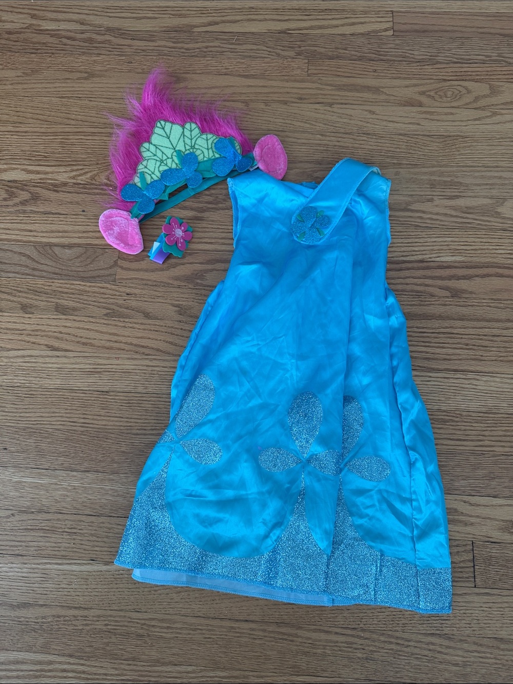 Trolls Poppy 3 pieces: Blue Sparkle Flower Kids Costume Dress with Pink Headband